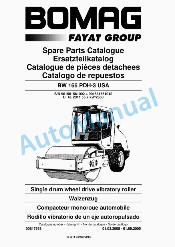 Bomag BW 166 PDH-3 USA Single Drum Wheel Drive Vibratory Roller Spare Parts Catalogue 00817963 1 Bomag BW 166 PDH-3 USA Single Drum Wheel Drive Vibratory Roller Spare Parts Catalogue 00817963