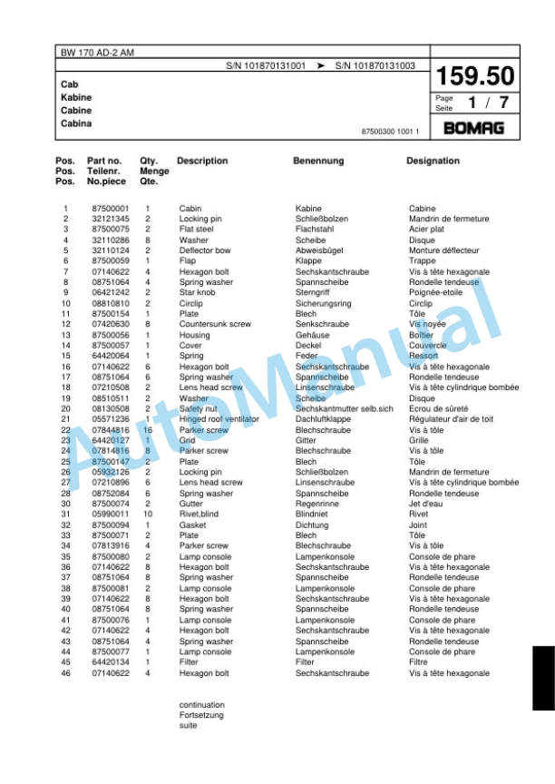 Bomag BW 170 AD-2 AM Tandem Vibratory Roller Spare Parts Catalogue 00817716 5 Bomag BW 170 AD-2 AM Tandem Vibratory Roller Spare Parts Catalogue 00817716-5