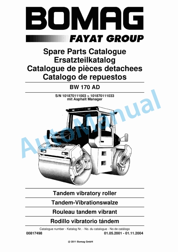 Bomag BW 170 AD Tandem Vibratory Roller Spare Parts Catalogue 00817498