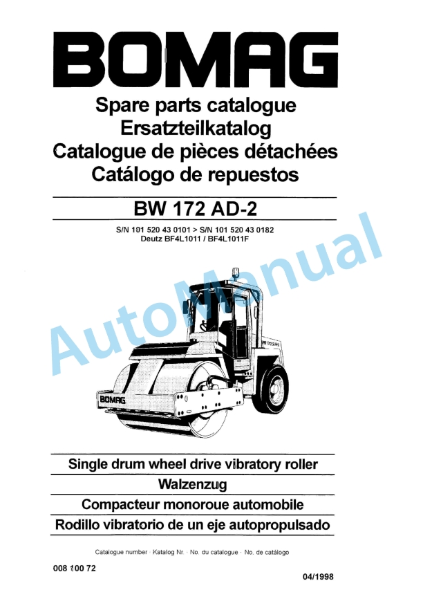 Bomag BW 172 AD-2 Single Drum Wheel Drive Vibratory Roller Spare Parts Catalogue 00810072 1 Bomag BW 172 AD-2 Single Drum Wheel Drive Vibratory Roller Spare Parts Catalogue 00810072