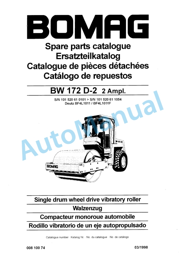 Bomag BW 172 D-2 2 Ampl Single Drum Wheel Drive Vibratory Roller Spare Parts Catalogue 00810074 1 Bomag BW 172 D-2 2 Ampl Single Drum Wheel Drive Vibratory Roller Spare Parts Catalogue 00810074
