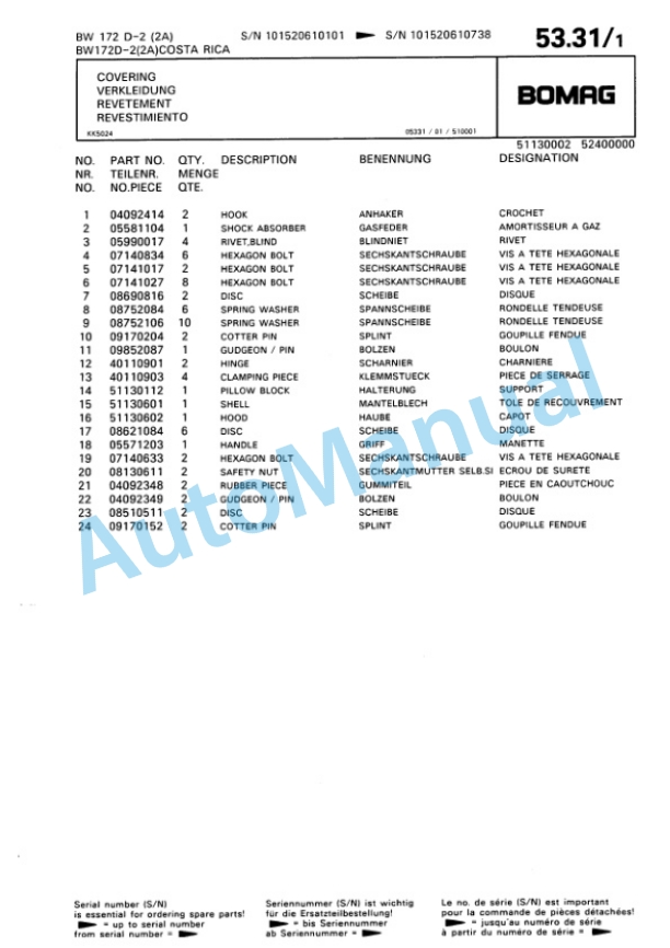 Bomag BW 172 D-2 2 Ampl Single Drum Wheel Drive Vibratory Roller Spare Parts Catalogue 00810074 2 Bomag BW 172 D-2 2 Ampl Single Drum Wheel Drive Vibratory Roller Spare Parts Catalogue 00810074-2