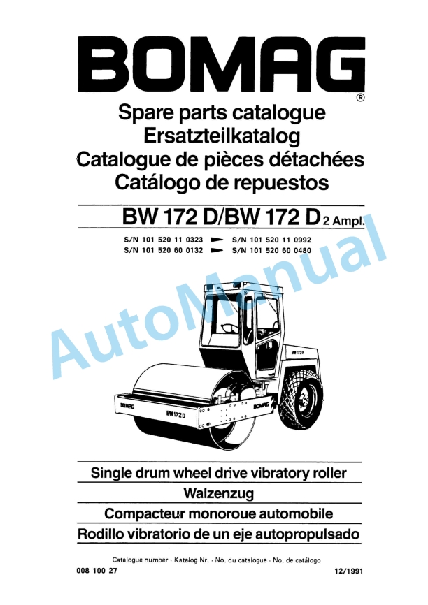 Bomag BW 172 D, BW 172 D2 Ampl Single Drum Wheel Drive Vibratory Roller Spare Parts Catalogue 00810027 1 Bomag BW 172 D, BW 172 D2 Ampl Single Drum Wheel Drive Vibratory Roller Spare Parts Catalogue 00810027