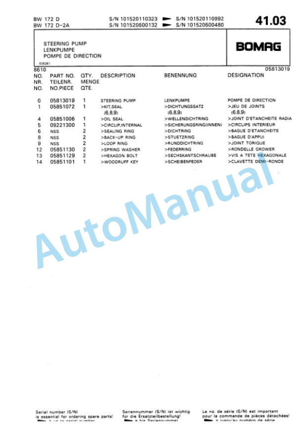 Bomag BW 172 D, BW 172 D2 Ampl Single Drum Wheel Drive Vibratory Roller Spare Parts Catalogue 00810027 3 Bomag BW 172 D, BW 172 D2 Ampl Single Drum Wheel Drive Vibratory Roller Spare Parts Catalogue 00810027-3