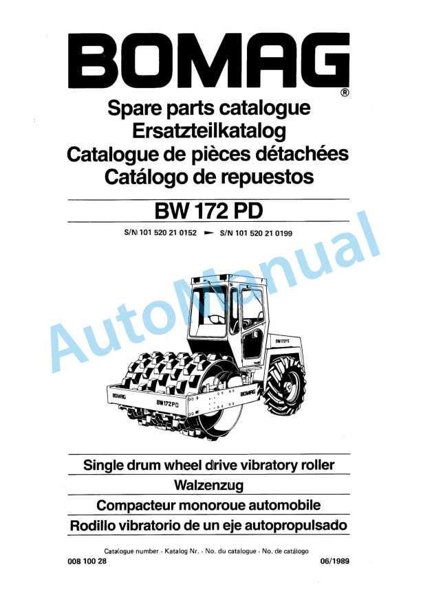 Bomag BW 172 PD Single Drum Wheel Drive Vibratory Roller Spare Parts Catalogue 00810028 1 Bomag BW 172 PD Single Drum Wheel Drive Vibratory Roller Spare Parts Catalogue 00810028