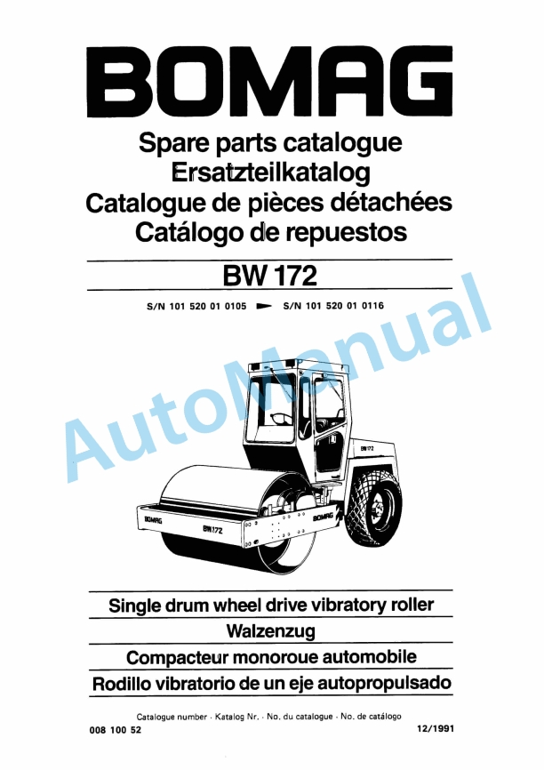 Bomag BW 172 Single Drum Wheel Drive Vibratory Roller Spare Parts Catalogue 00810052 1 Bomag BW 172 Single Drum Wheel Drive Vibratory Roller Spare Parts Catalogue 00810052