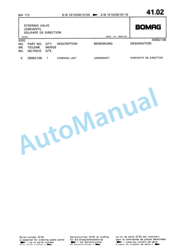 Bomag BW 172 Single Drum Wheel Drive Vibratory Roller Spare Parts Catalogue 00810052 3 Bomag BW 172 Single Drum Wheel Drive Vibratory Roller Spare Parts Catalogue 00810052-3
