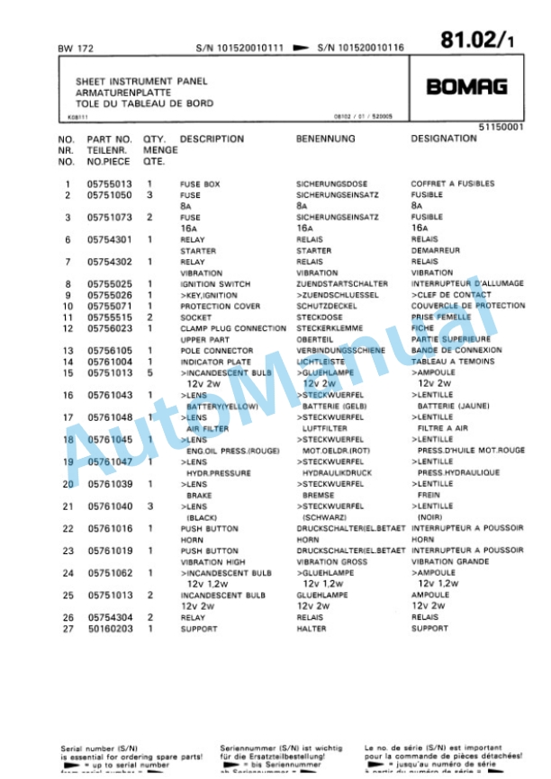 Bomag BW 172 Single Drum Wheel Drive Vibratory Roller Spare Parts Catalogue 00810052 5 Bomag BW 172 Single Drum Wheel Drive Vibratory Roller Spare Parts Catalogue 00810052-5