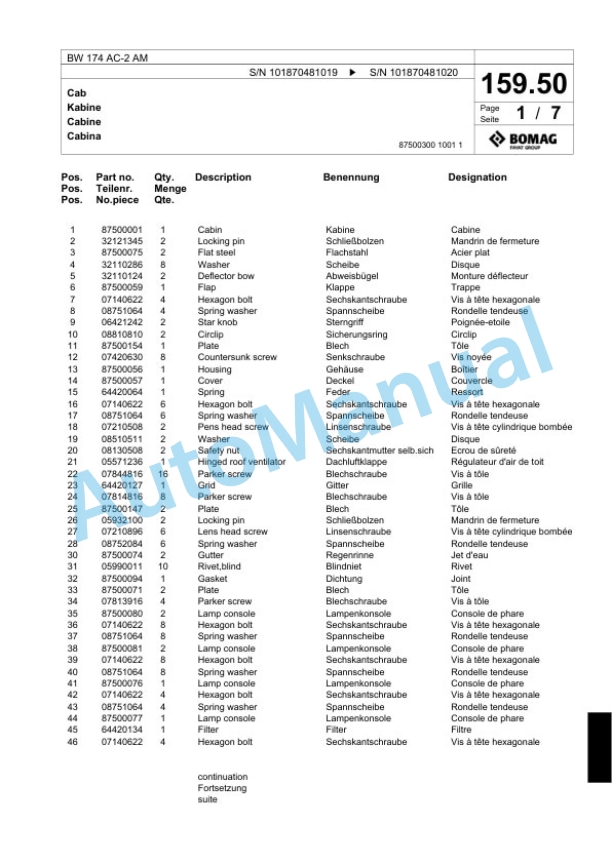 Bomag BW 174 AC-2 AM Combination Roller Spare Parts Catalogue 00817714 5 Bomag BW 174 AC-2 AM Combination Roller Spare Parts Catalogue 00817714-5