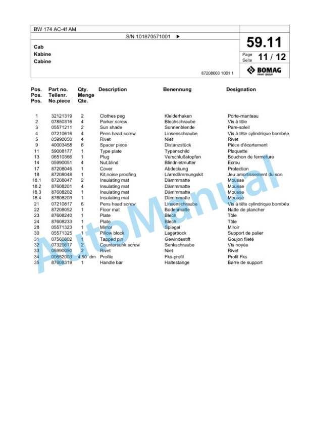 Bomag BW 174 AC-4f AM Tandem Vibratory Roller Spare Parts Catalogue 00825105 2 Bomag BW 174 AC-4f AM Tandem Vibratory Roller Spare Parts Catalogue 00825105-2