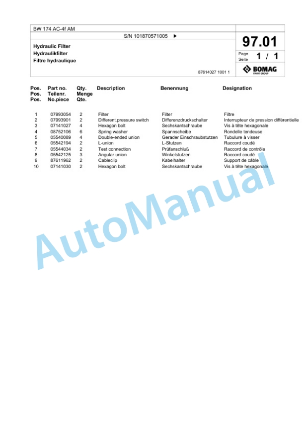 Bomag BW 174 AC-4f AM Tandem Vibratory Roller Spare Parts Catalogue 00825105 3 Bomag BW 174 AC-4f AM Tandem Vibratory Roller Spare Parts Catalogue 00825105-3