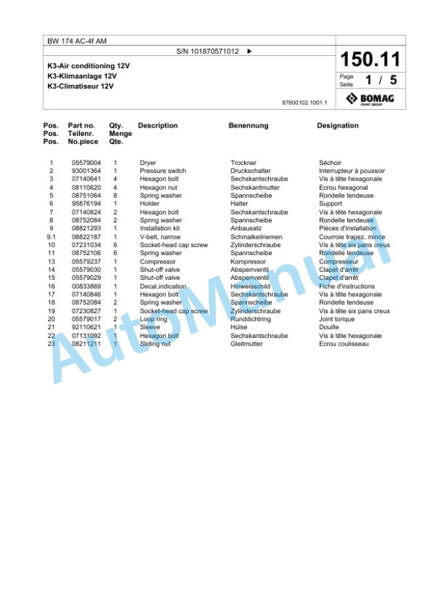 Bomag BW 174 AC-4f AM Tandem Vibratory Roller Spare Parts Catalogue 00825105 4 Bomag BW 174 AC-4f AM Tandem Vibratory Roller Spare Parts Catalogue 00825105-4