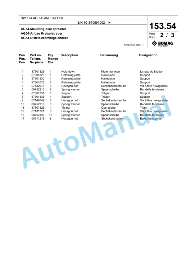 Bomag BW 174 ACP-4i AM EU-FLEX Tandem Vibratory Roller Spare Parts Catalogue 00825103 4 Bomag BW 174 ACP-4i AM EU-FLEX Tandem Vibratory Roller Spare Parts Catalogue 00825103-4