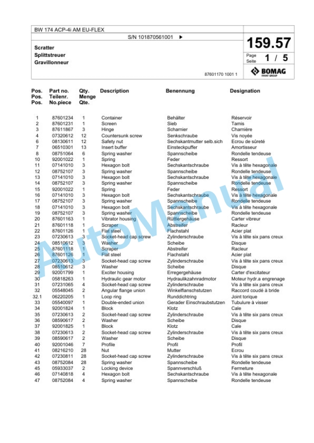 Bomag BW 174 ACP-4i AM EU-FLEX Tandem Vibratory Roller Spare Parts Catalogue 00825103 5 Bomag BW 174 ACP-4i AM EU-FLEX Tandem Vibratory Roller Spare Parts Catalogue 00825103-5