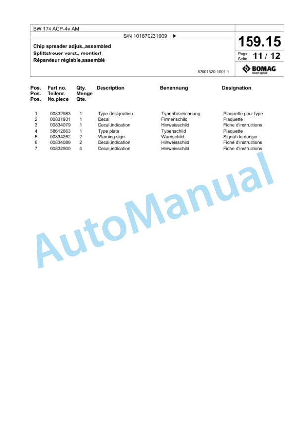 Bomag BW 174 ACP-4v AM Combination Roller Spare Parts Catalogue 00825823 5 Bomag BW 174 ACP-4v AM Combination Roller Spare Parts Catalogue 00825823-5