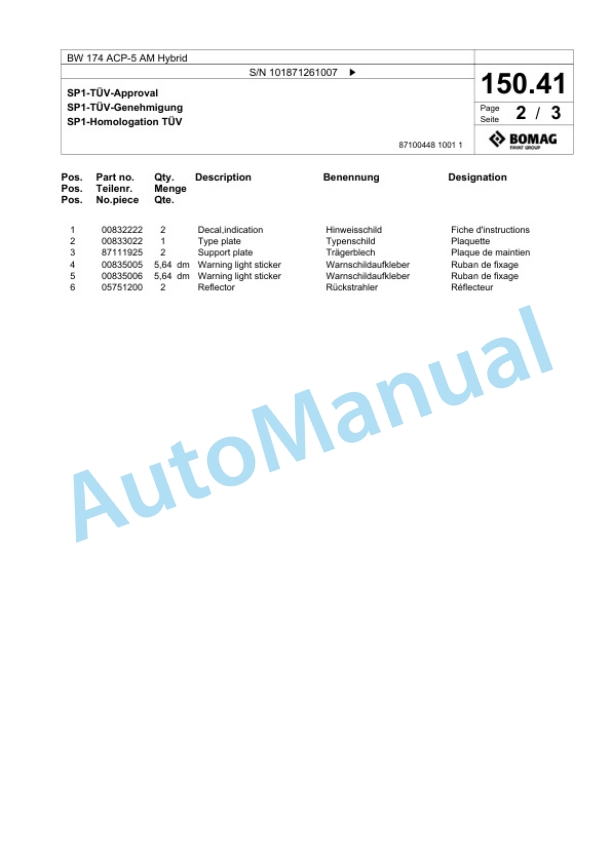 Bomag BW 174 ACP-5 AM Hybrid Combination Roller Spare Parts Catalogue 00826449 3 Bomag BW 174 ACP-5 AM Hybrid Combination Roller Spare Parts Catalogue 00826449-3