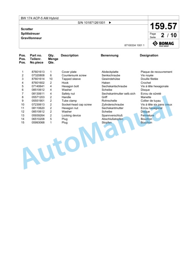 Bomag BW 174 ACP-5 AM Hybrid Combination Roller Spare Parts Catalogue 00826449 5 Bomag BW 174 ACP-5 AM Hybrid Combination Roller Spare Parts Catalogue 00826449-5