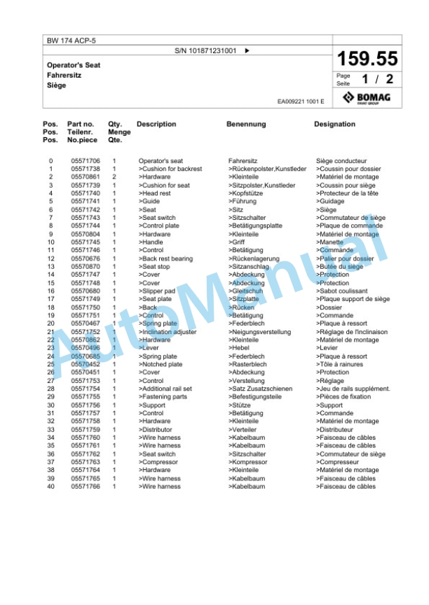 Bomag BW 174 ACP-5 Combination Roller Spare Parts Catalogue 00826327 5 Bomag BW 174 ACP-5 Combination Roller Spare Parts Catalogue 00826327-5