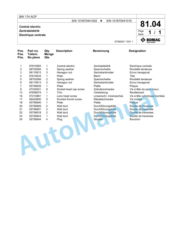 Bomag BW 174 ACP Combination Roller Spare Parts Catalogue 00818519 2 Bomag BW 174 ACP Combination Roller Spare Parts Catalogue 00818519-2