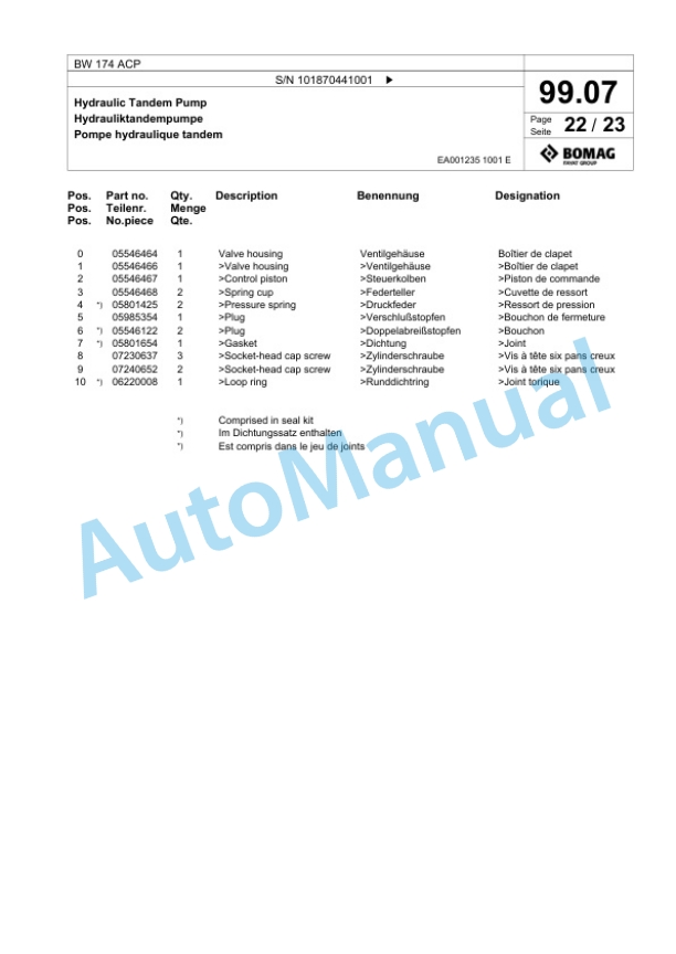 Bomag BW 174 ACP Combination Roller Spare Parts Catalogue 00818519 3 Bomag BW 174 ACP Combination Roller Spare Parts Catalogue 00818519-3