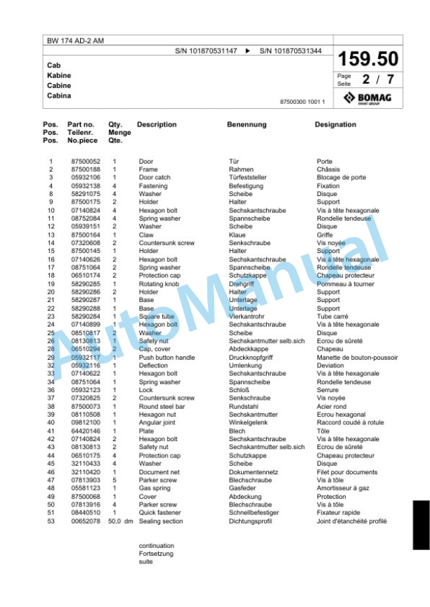 Bomag BW 174 AD-2 AM Tandem Vibratory Roller Spare Parts Catalogue 00817693 4 Bomag BW 174 AD-2 AM Tandem Vibratory Roller Spare Parts Catalogue 00817693-4