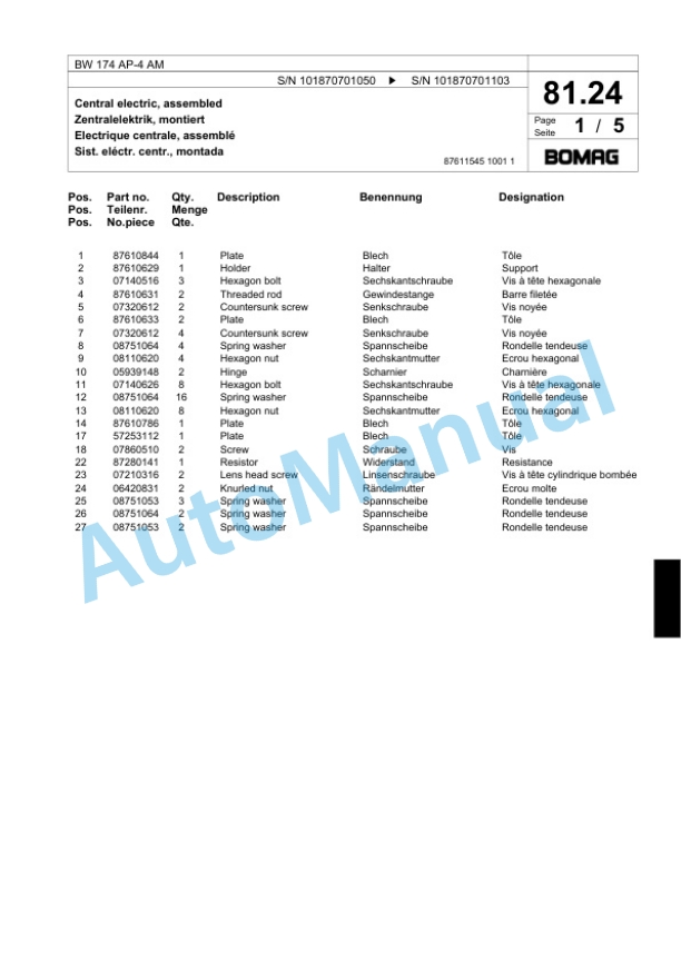 Bomag BW 174 AD-4 AM Tandem Vibratory Roller Spare Parts Catalogue 00818845 2 Bomag BW 174 AD-4 AM Tandem Vibratory Roller Spare Parts Catalogue 00818845-2