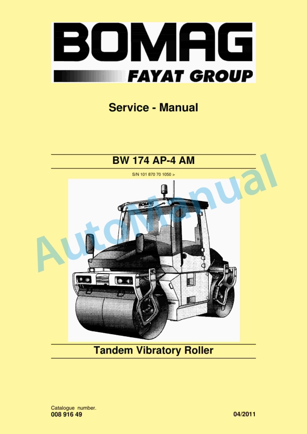 Bomag BW 174 AP-4 AM Tandem Vibratory Roller Service Manual 00891649 1 Bomag BW 174 AP-4 AM Tandem Vibratory Roller Service Manual 00891649