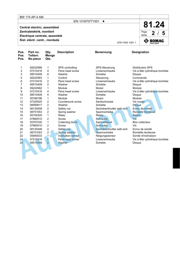 Bomag BW 174 AP-4 AM Tandem Vibratory Roller Spare Parts Catalogue 00824543 2 Bomag BW 174 AP-4 AM Tandem Vibratory Roller Spare Parts Catalogue 00824543-2