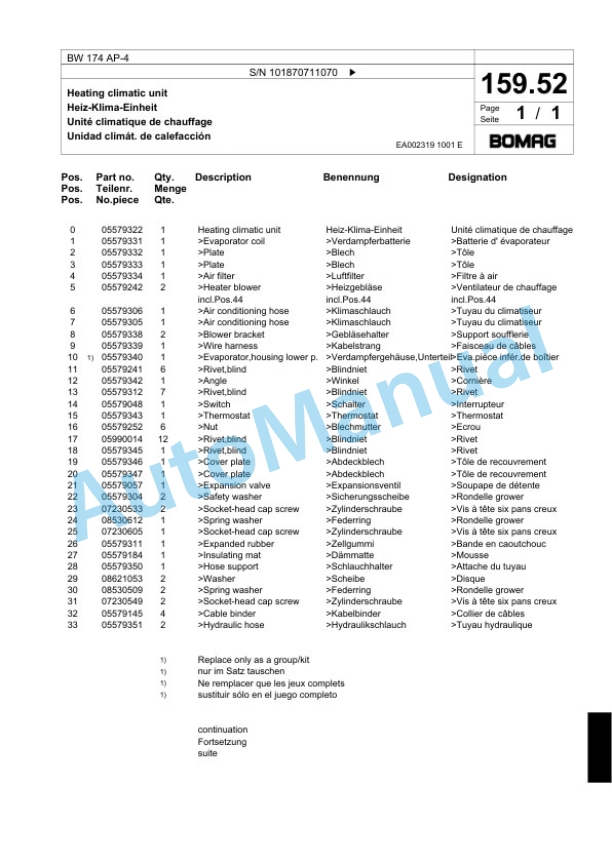 Bomag BW 174 AP-4 Tandem Vibratory Roller Spare Parts Catalogue 00818847 5 Bomag BW 174 AP-4 Tandem Vibratory Roller Spare Parts Catalogue 00818847-5