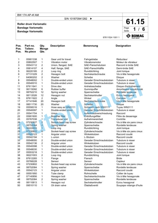 Bomag BW 174 AP-4f AM Tandem Vibratory Roller Spare Parts Catalogue 00824909 2 Bomag BW 174 AP-4f AM Tandem Vibratory Roller Spare Parts Catalogue 00824909-2