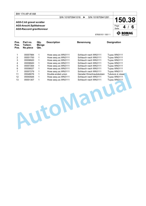 Bomag BW 174 AP-4f AM Tandem Vibratory Roller Spare Parts Catalogue 00824909 4 Bomag BW 174 AP-4f AM Tandem Vibratory Roller Spare Parts Catalogue 00824909-4