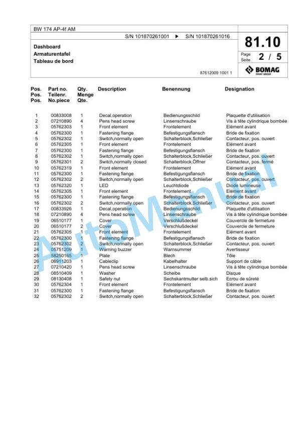 Bomag BW 174 AP-4f AM Tandem Vibratory Roller Spare Parts Catalogue 00826151 2 Bomag BW 174 AP-4f AM Tandem Vibratory Roller Spare Parts Catalogue 00826151-2