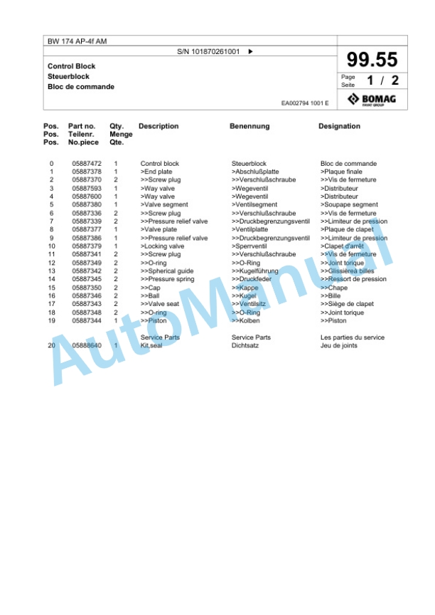 Bomag BW 174 AP-4f AM Tandem Vibratory Roller Spare Parts Catalogue 00826151 3 Bomag BW 174 AP-4f AM Tandem Vibratory Roller Spare Parts Catalogue 00826151-3
