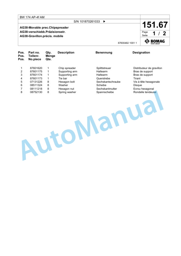 Bomag BW 174 AP-4f AM Tandem Vibratory Roller Spare Parts Catalogue 00826151 4 Bomag BW 174 AP-4f AM Tandem Vibratory Roller Spare Parts Catalogue 00826151-4