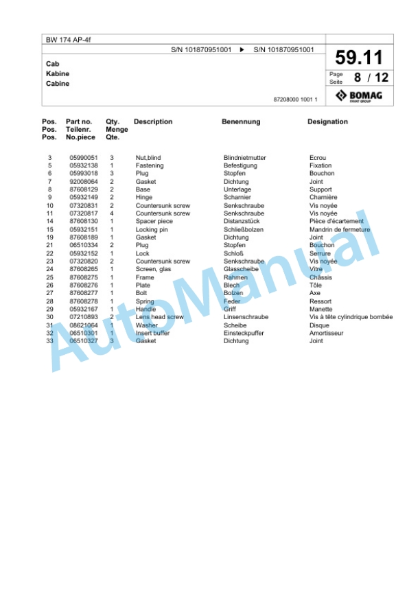 Bomag BW 174 AP-4f Tandem Vibratory Roller Spare Parts Catalogue 00824911 2 Bomag BW 174 AP-4f Tandem Vibratory Roller Spare Parts Catalogue 00824911-2
