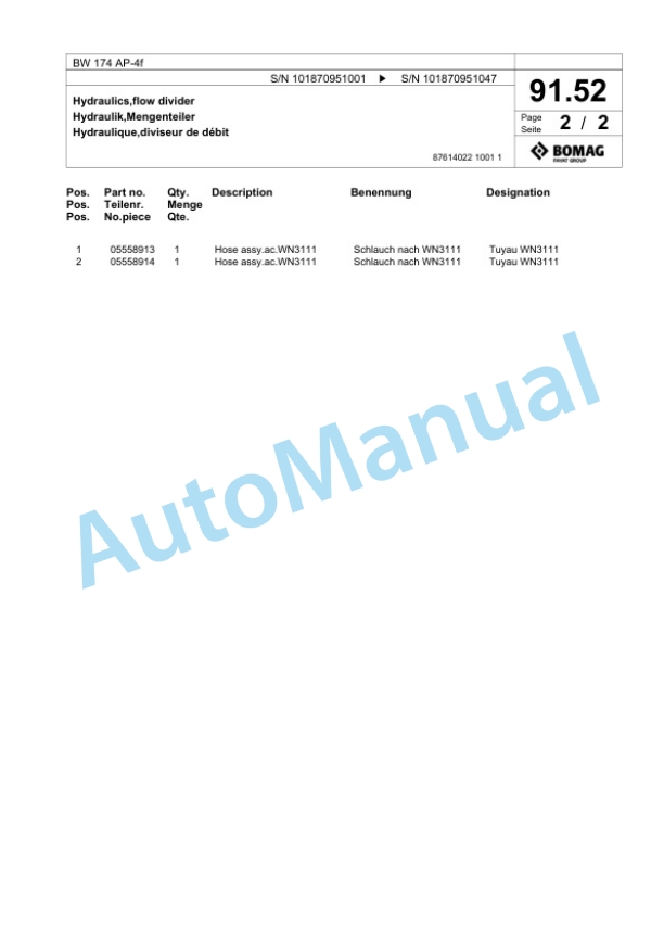 Bomag BW 174 AP-4f Tandem Vibratory Roller Spare Parts Catalogue 00824911 3 Bomag BW 174 AP-4f Tandem Vibratory Roller Spare Parts Catalogue 00824911-3
