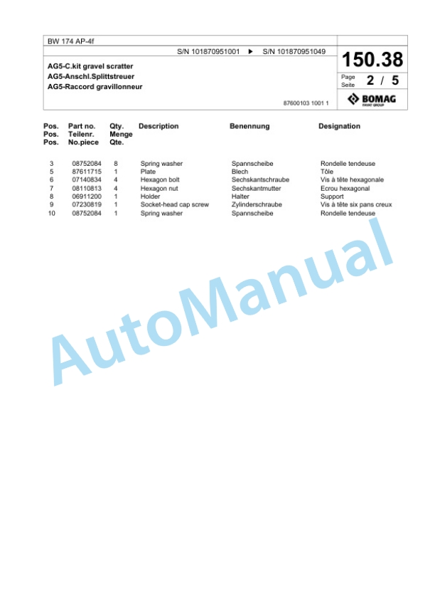 Bomag BW 174 AP-4f Tandem Vibratory Roller Spare Parts Catalogue 00824911 5 Bomag BW 174 AP-4f Tandem Vibratory Roller Spare Parts Catalogue 00824911-5