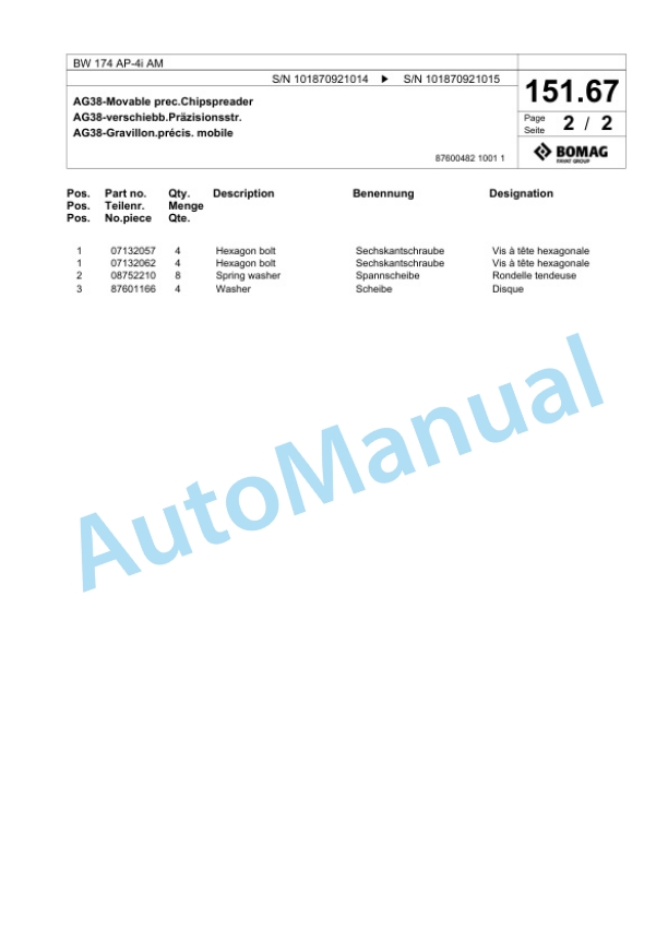 Bomag BW 174 AP-4i AM Tandem Vibratory Roller Spare Parts Catalogue 00825051 4 Bomag BW 174 AP-4i AM Tandem Vibratory Roller Spare Parts Catalogue 00825051-4