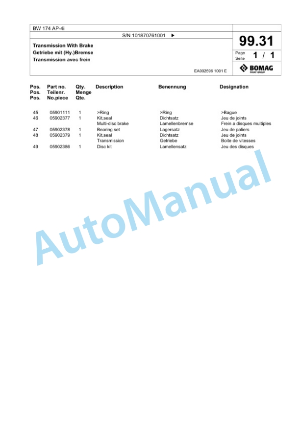 Bomag BW 174 AP-4i Tandem Vibratory Roller Spare Parts Catalogue 00824095 3 Bomag BW 174 AP-4i Tandem Vibratory Roller Spare Parts Catalogue 00824095-3