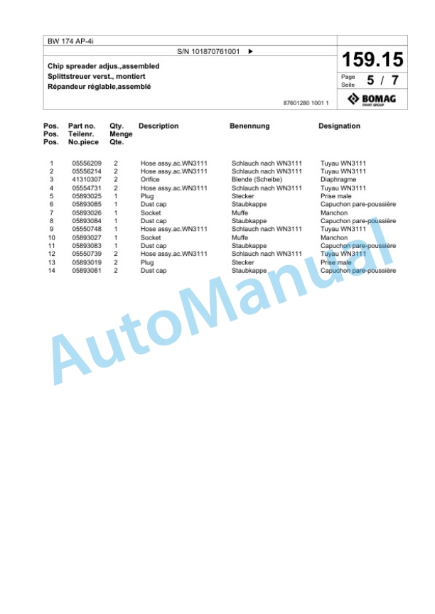 Bomag BW 174 AP-4i Tandem Vibratory Roller Spare Parts Catalogue 00824095 5 Bomag BW 174 AP-4i Tandem Vibratory Roller Spare Parts Catalogue 00824095-5