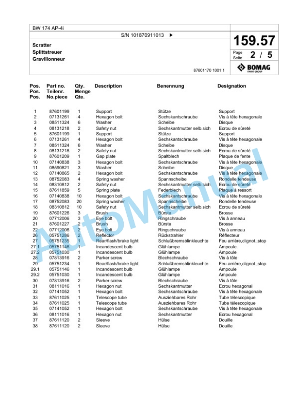Bomag BW 174 AP-4i Tandem Vibratory Roller Spare Parts Catalogue 00824629 5 Bomag BW 174 AP-4i Tandem Vibratory Roller Spare Parts Catalogue 00824629-5