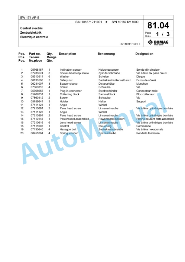 Bomag BW 174 AP-5 Tandem Vibratory Roller Spare Parts Catalogue 00826323 2 Bomag BW 174 AP-5 Tandem Vibratory Roller Spare Parts Catalogue 00826323-2