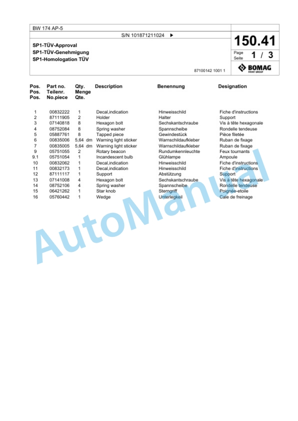 Bomag BW 174 AP-5 Tandem Vibratory Roller Spare Parts Catalogue 00826323 3 Bomag BW 174 AP-5 Tandem Vibratory Roller Spare Parts Catalogue 00826323-3