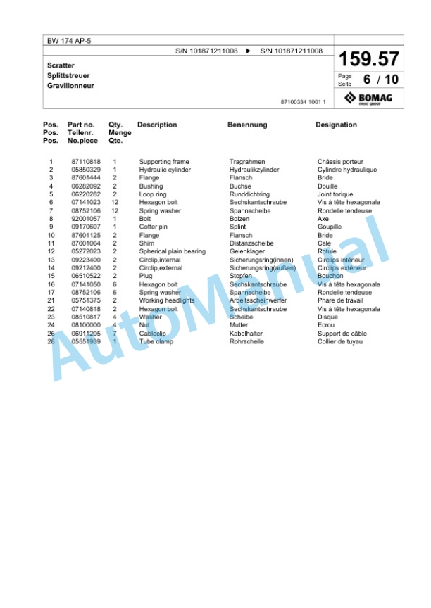 Bomag BW 174 AP-5 Tandem Vibratory Roller Spare Parts Catalogue 00826323 5 Bomag BW 174 AP-5 Tandem Vibratory Roller Spare Parts Catalogue 00826323-5