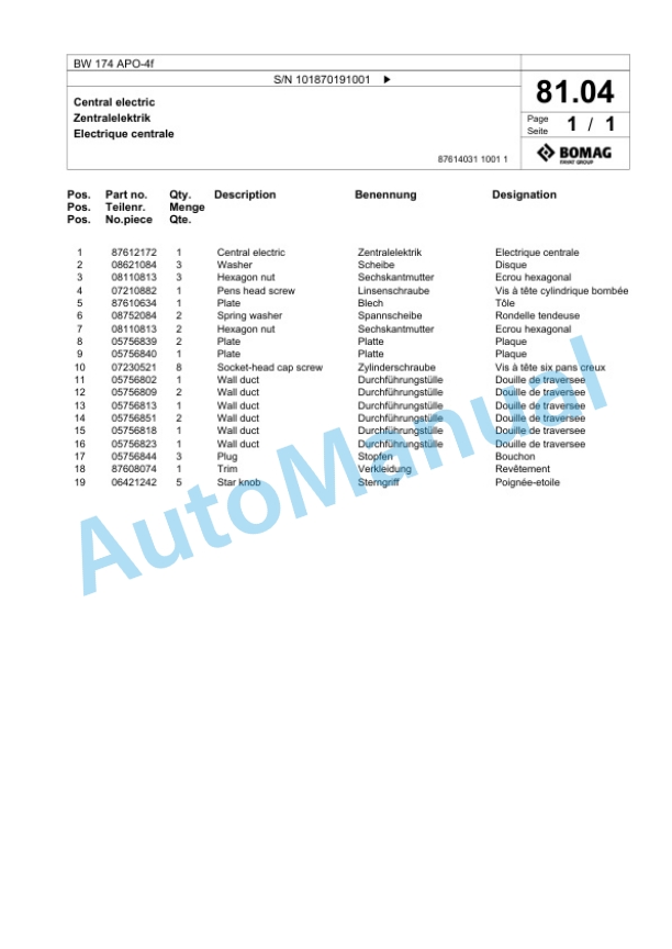 Bomag BW 174 APO-4f Tandem Vibratory Roller Spare Parts Catalogue 00826149 2 Bomag BW 174 APO-4f Tandem Vibratory Roller Spare Parts Catalogue 00826149-2