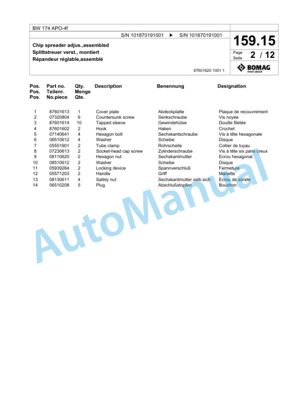 Bomag BW 174 APO-4f Tandem Vibratory Roller Spare Parts Catalogue 00826149 5 Bomag BW 174 APO-4f Tandem Vibratory Roller Spare Parts Catalogue 00826149-5