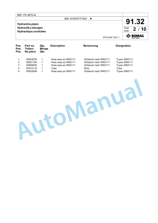 Bomag BW 174 APO-4i Tandem Vibratory Roller Spare Parts Catalogue 00825099 2 Bomag BW 174 APO-4i Tandem Vibratory Roller Spare Parts Catalogue 00825099-2