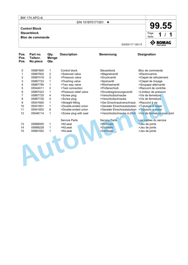 Bomag BW 174 APO-4i Tandem Vibratory Roller Spare Parts Catalogue 00825099 3 Bomag BW 174 APO-4i Tandem Vibratory Roller Spare Parts Catalogue 00825099-3