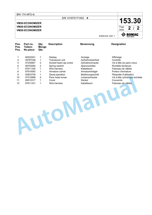 Bomag BW 174 APO-4i Tandem Vibratory Roller Spare Parts Catalogue 00825099 4 Bomag BW 174 APO-4i Tandem Vibratory Roller Spare Parts Catalogue 00825099-4