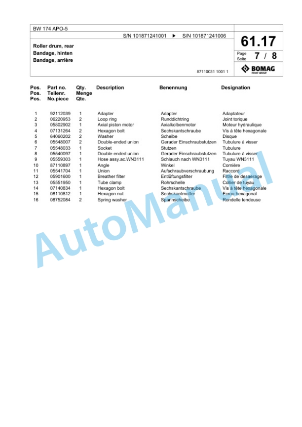 Bomag BW 174 APO-5 Tandem Vibratory Roller Spare Parts Catalogue 00826329 2 Bomag BW 174 APO-5 Tandem Vibratory Roller Spare Parts Catalogue 00826329-2